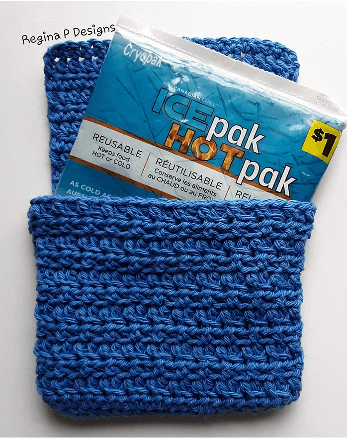 Blue crochet ice pack holder