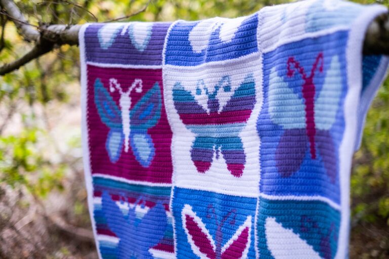 Crochet butterfly blanket outdoors