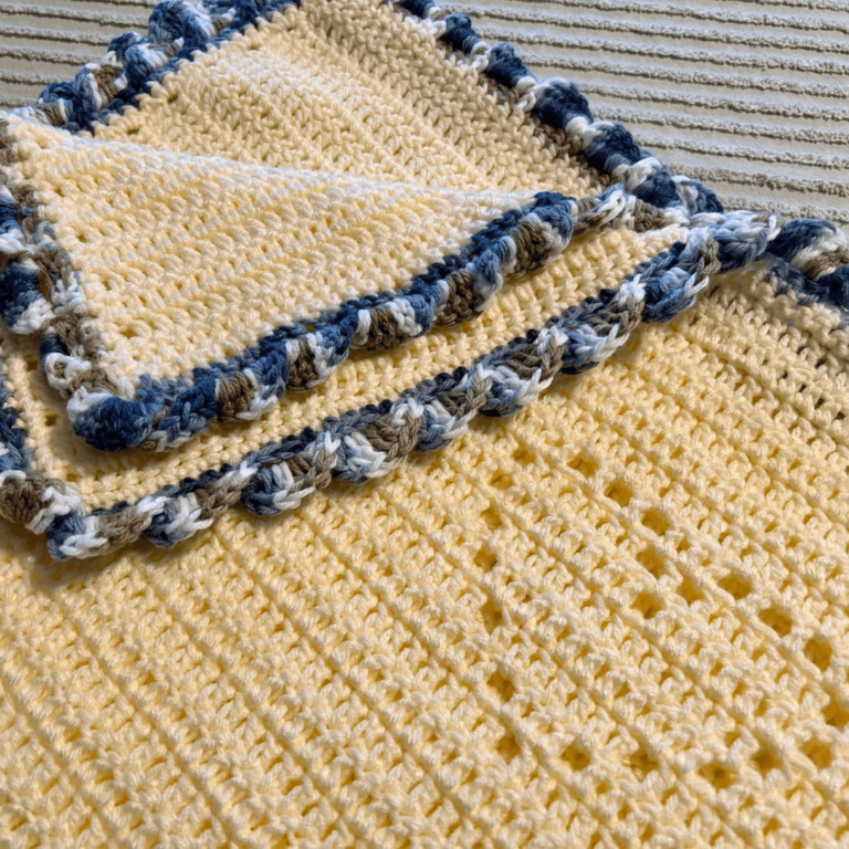 Yellow crochet blanket blue border