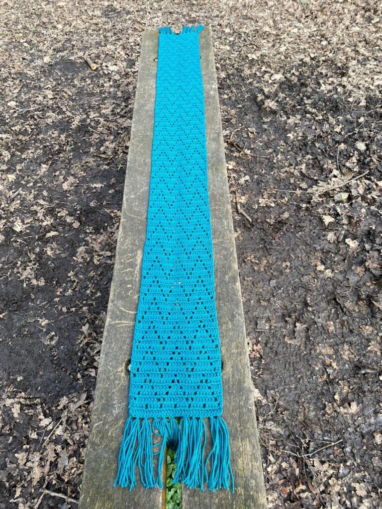 Teal fringed crochet scarf