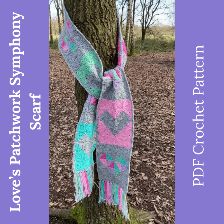 Patchwork crochet heart scarf