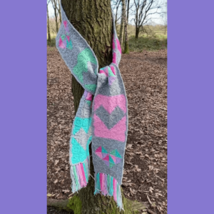 Colorful crocheted scarf tree