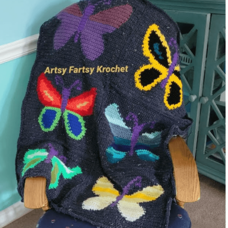 Colorful crocheted butterfly blanket