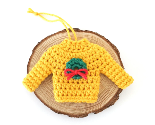 Yellow crochet sweater ornament