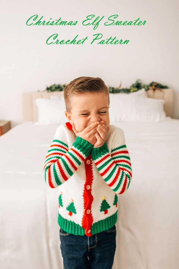 Boy in crochet elf sweater
