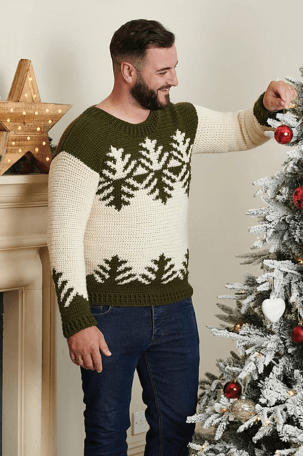 Man in crochet snowflake sweater