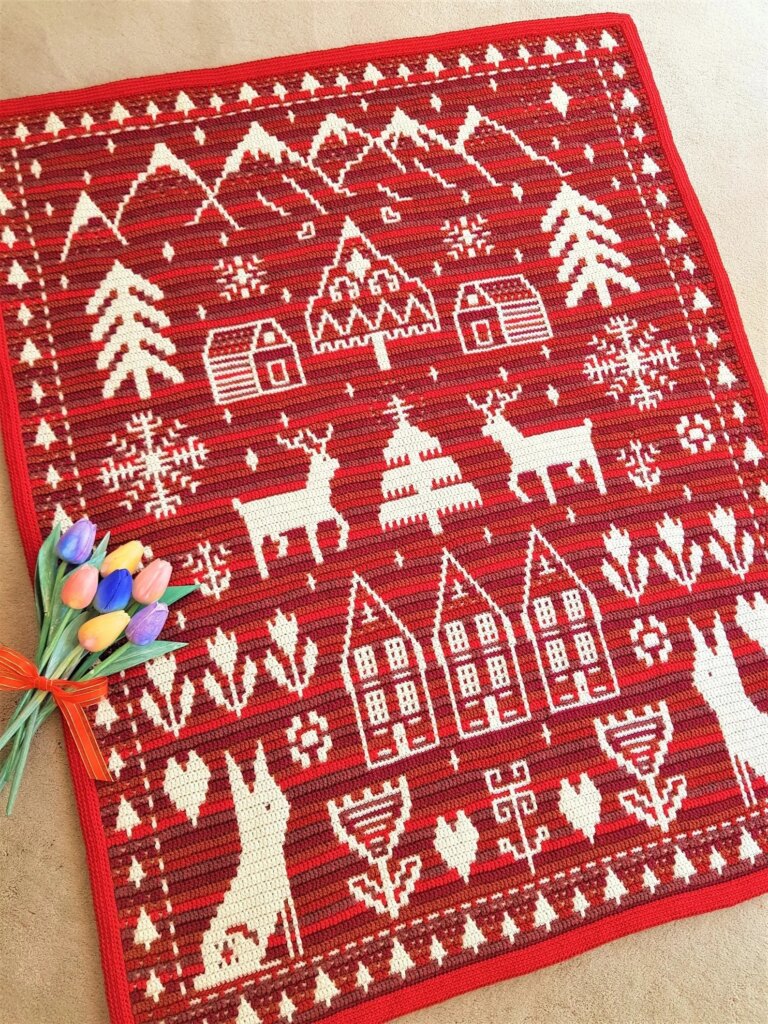 Red white crochet Christmas blanket