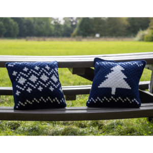 Blue crocheted Christmas pillows outdoor
