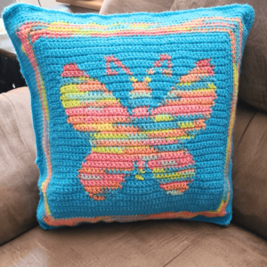 Teal butterfly crochet pillow