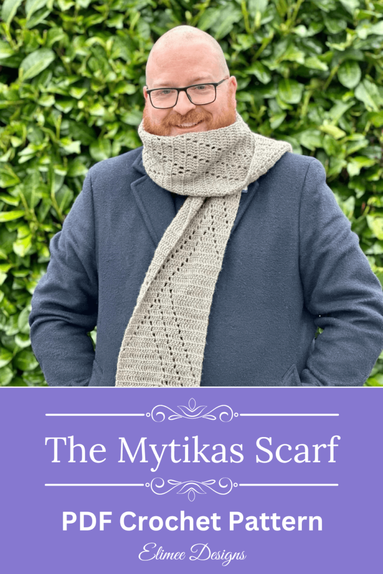 Man modeling Mytikas crochet scarf