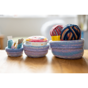 Crocheted yarn storage baskets
