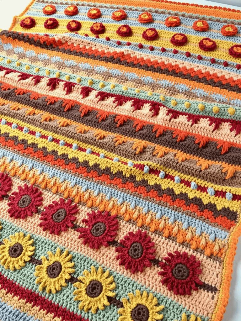 Autumnal crochet blanket leaves flowers