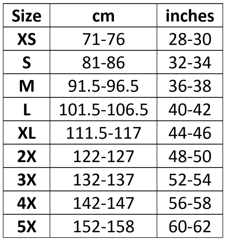 Size chart cm inches